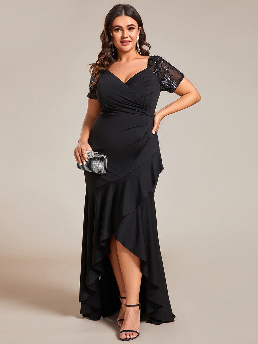 Plus Size Short-Sleeved V-Neck Bodycon Fishtail Evening Dresses showcasing High-Low #color_Black