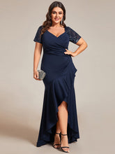Plus Size Short-Sleeved V-Neck Bodycon Fishtail Evening Dresses showcasing High-Low #color_Navy Blue