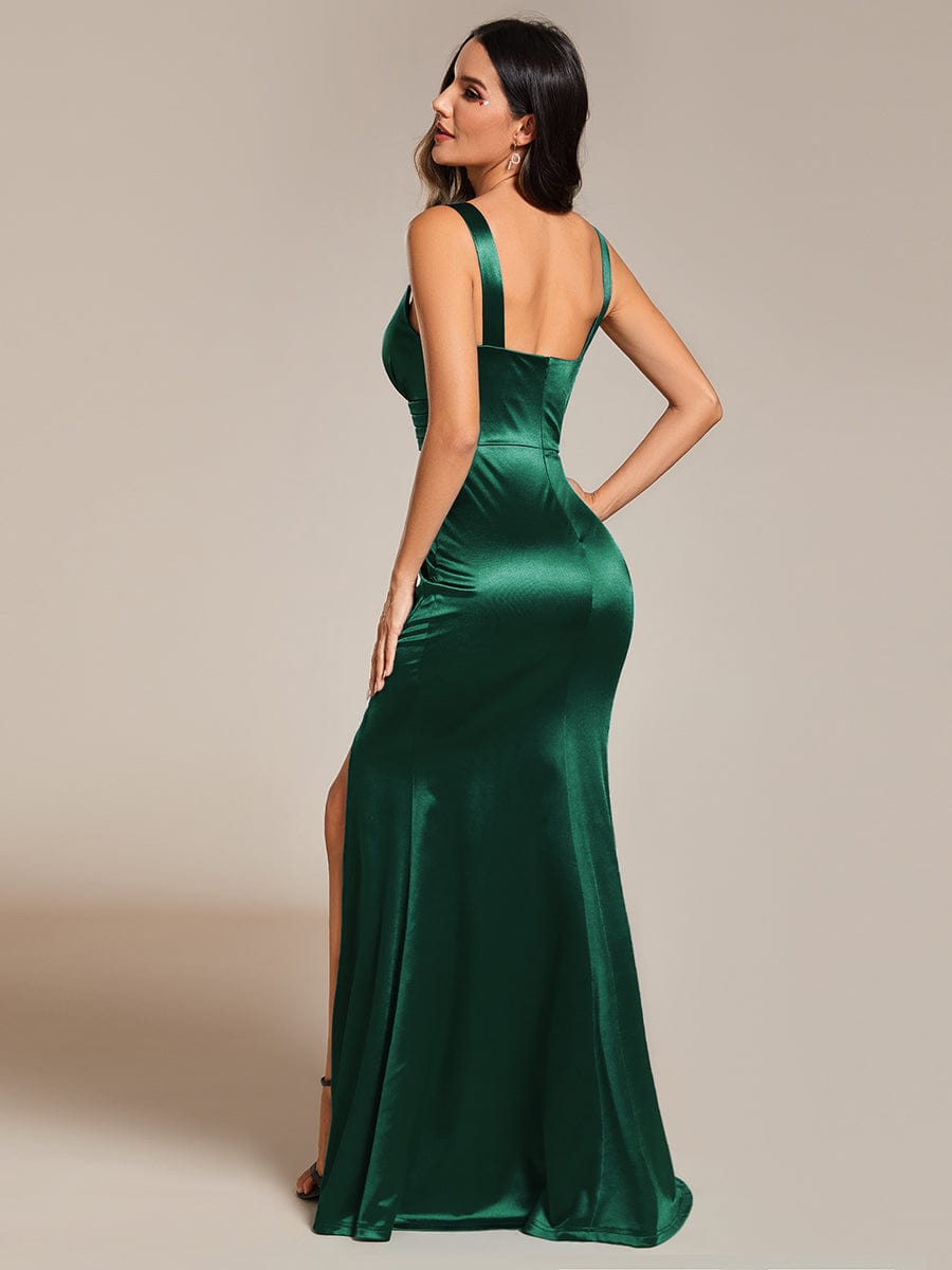 High-Slit V-Neck Spaghetti Strap Satin Evening Dress #color_Dark Green