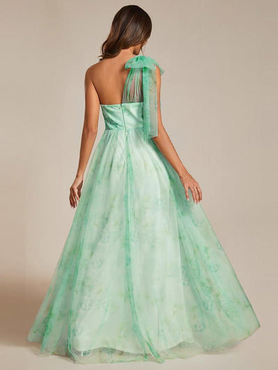 Multi-Way Strapless Floral Empire Waist Evening Dress with Pleated #color_Mint Green