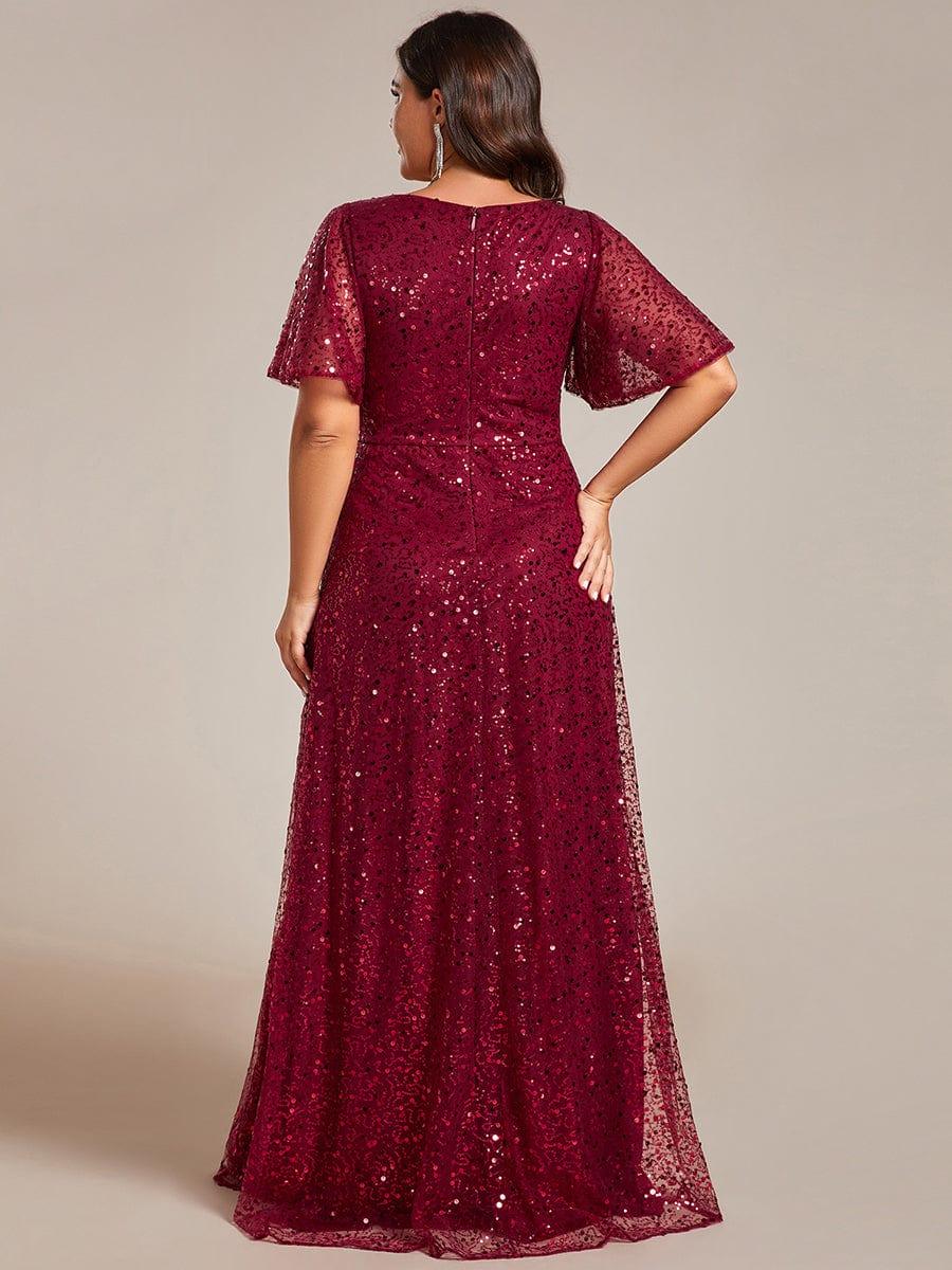 Plus Size V-Neck Sequined A-Line Evening Dresses with Ruffles Sleeves #color_Burgundy