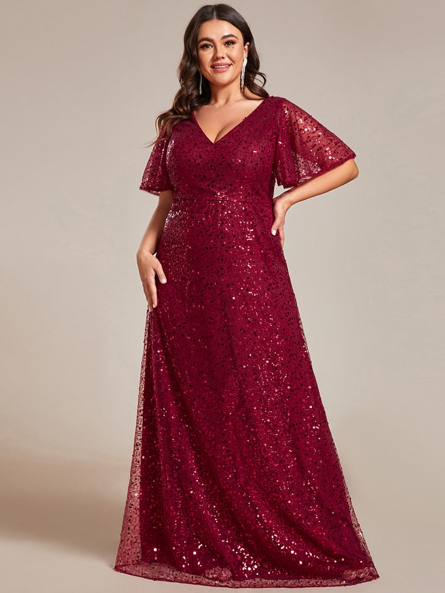 Plus Size V-Neck Sequined A-Line Evening Dresses with Ruffles Sleeves #color_Burgundy