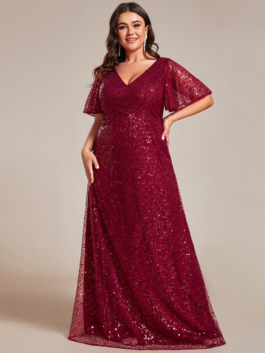 ARIA Plus V Neck Sequined Line Evening Dresses Ruffles Sleeves