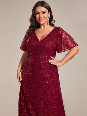 Plus Size V-Neck Sequined A-Line Evening Dresses with Ruffles Sleeves
