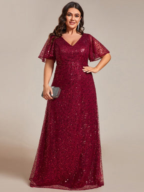 Plus Size V-Neck Sequined A-Line Evening Dresses with Ruffles Sleeves
