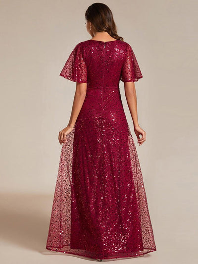 V-Neck Sequined A-Line Evening Dresses with Ruffles Sleeves #color_Burgundy