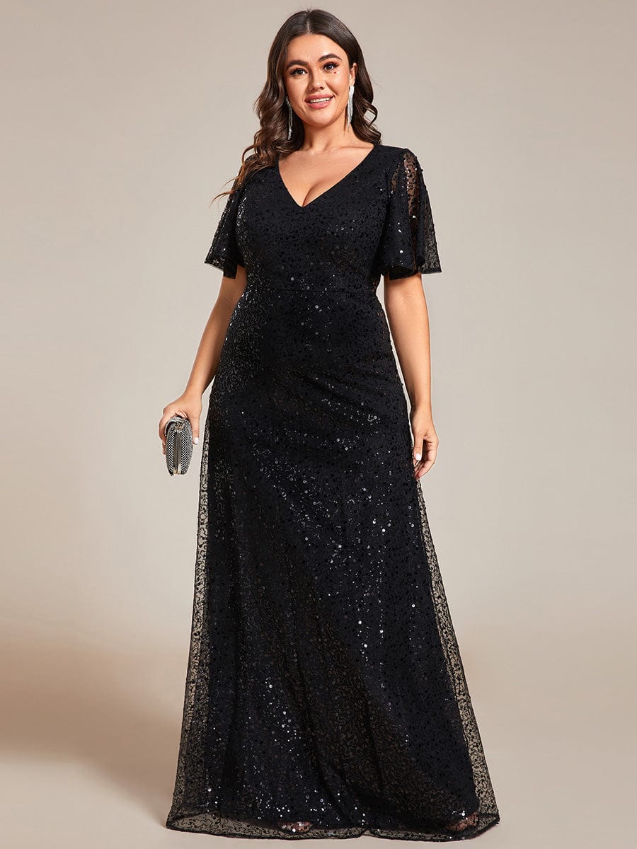 Plus Size V-Neck Sequined A-Line Evening Dresses with Ruffles Sleeves #color_Black