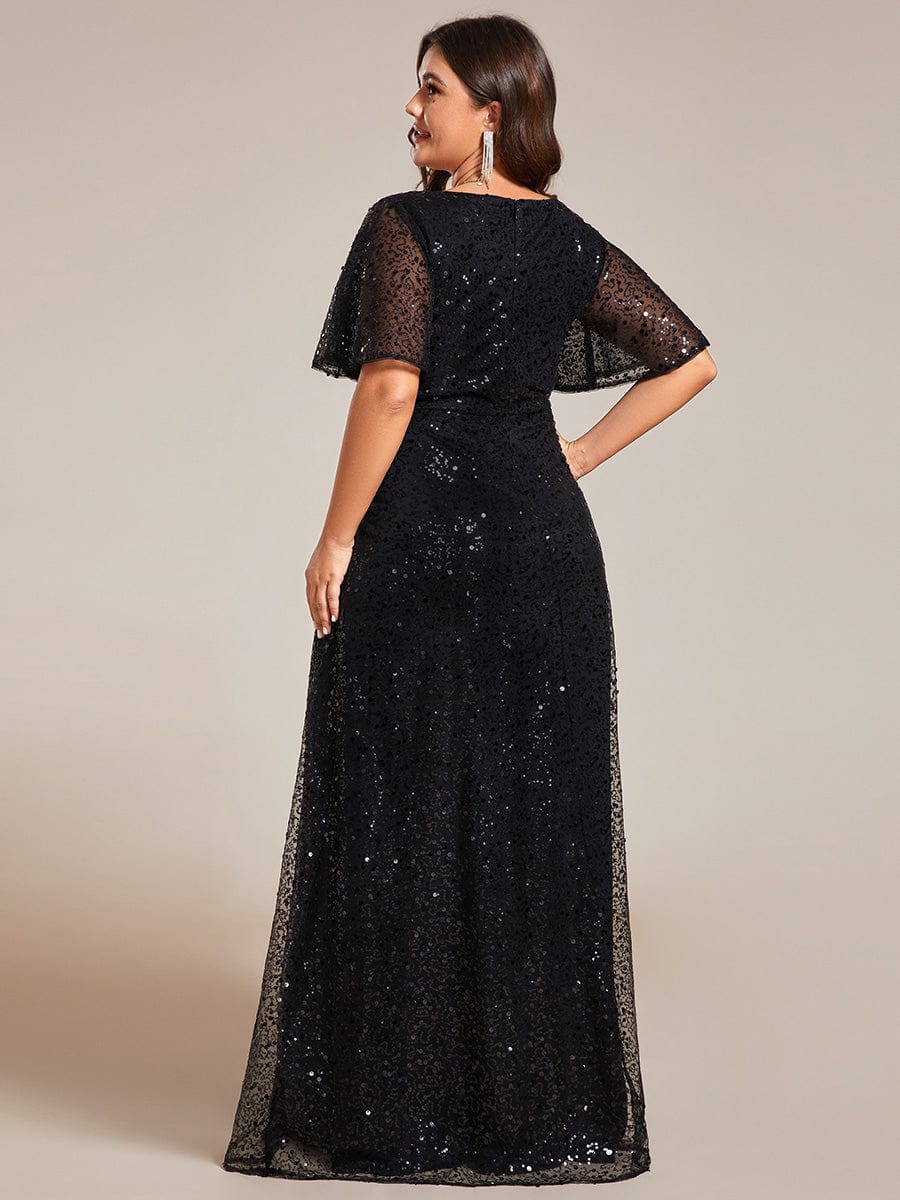 Plus Size V-Neck Sequined A-Line Evening Dresses with Ruffles Sleeves #color_Black