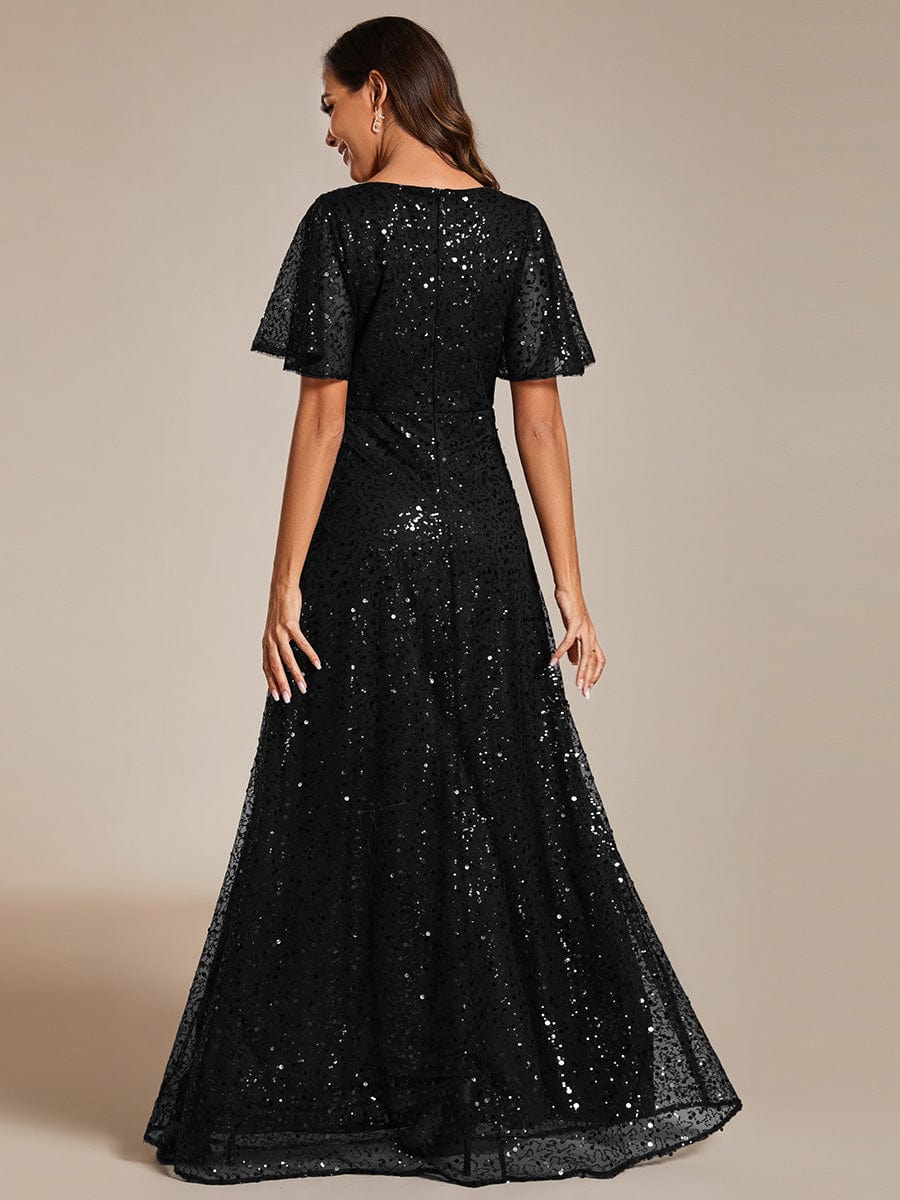 V-Neck Sequined A-Line Evening Dresses with Ruffles Sleeves #color_Black