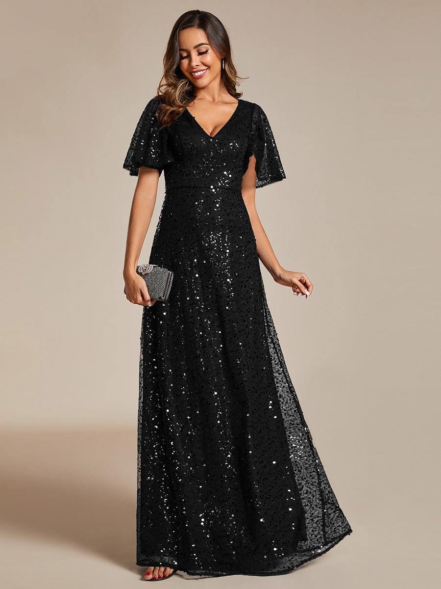 V-Neck Sequined A-Line Evening Dresses with Ruffles Sleeves #color_Black