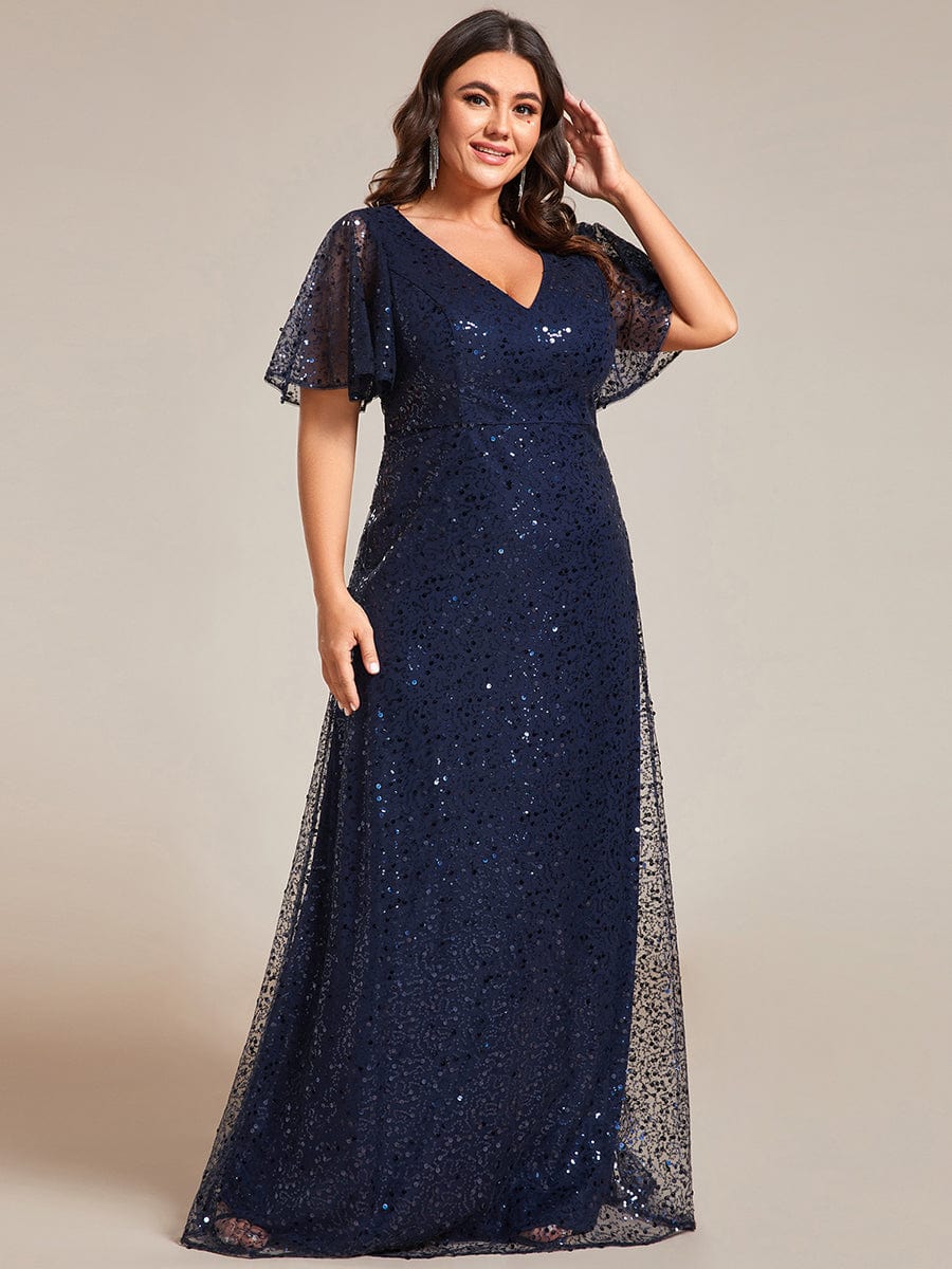 V-Neck Sequined A-Line Evening Dresses with Ruffles Sleeves