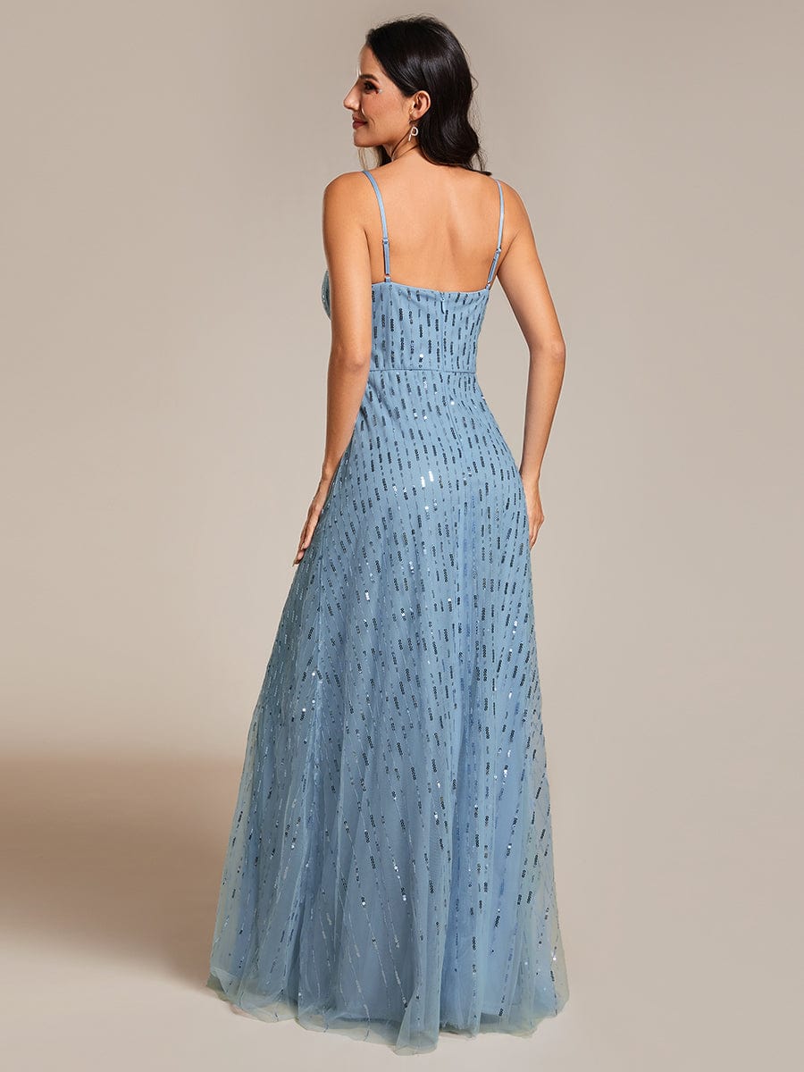 Paillette Deep V-neck High-Waisted Evening Dress Adorned with Spaghetti Straps #color_Light Blue