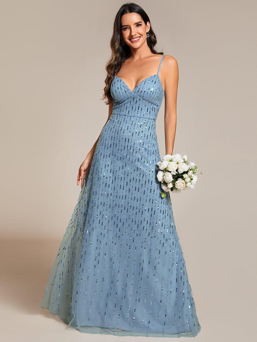 Paillette Deep V neck High Waisted Evening Dress Adorned Spaghetti Straps