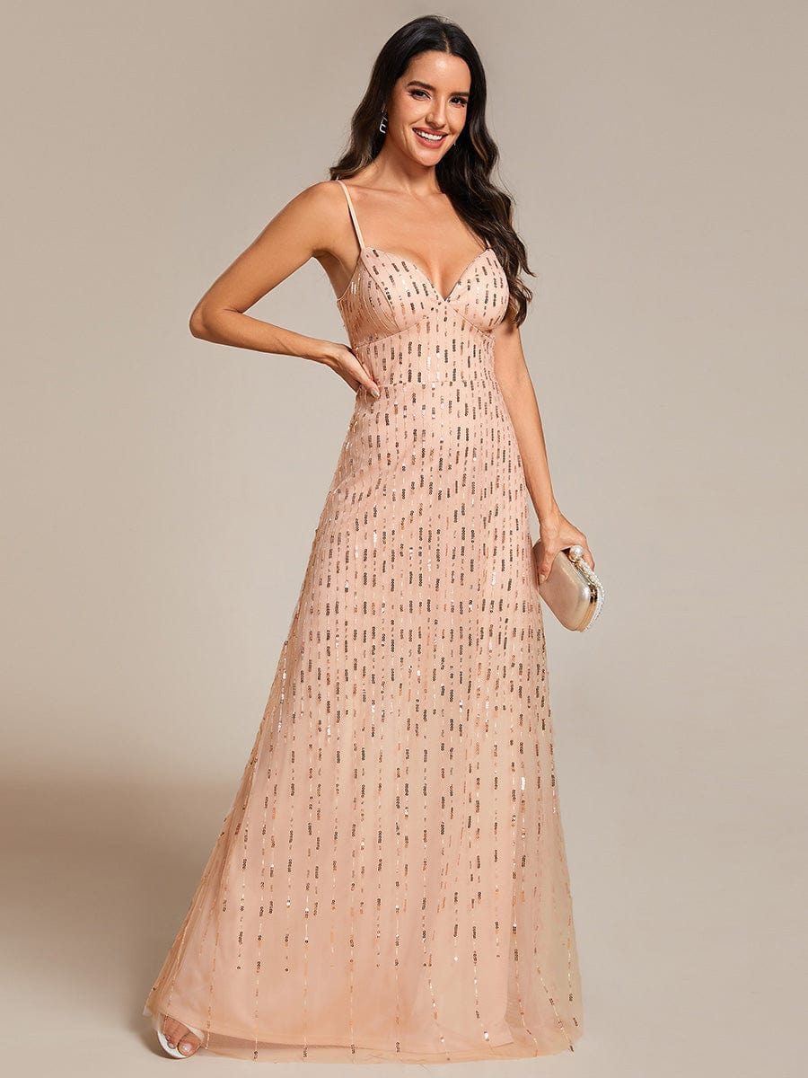 Paillette Deep V-neck High-Waisted Evening Dress Adorned with Spaghetti Straps