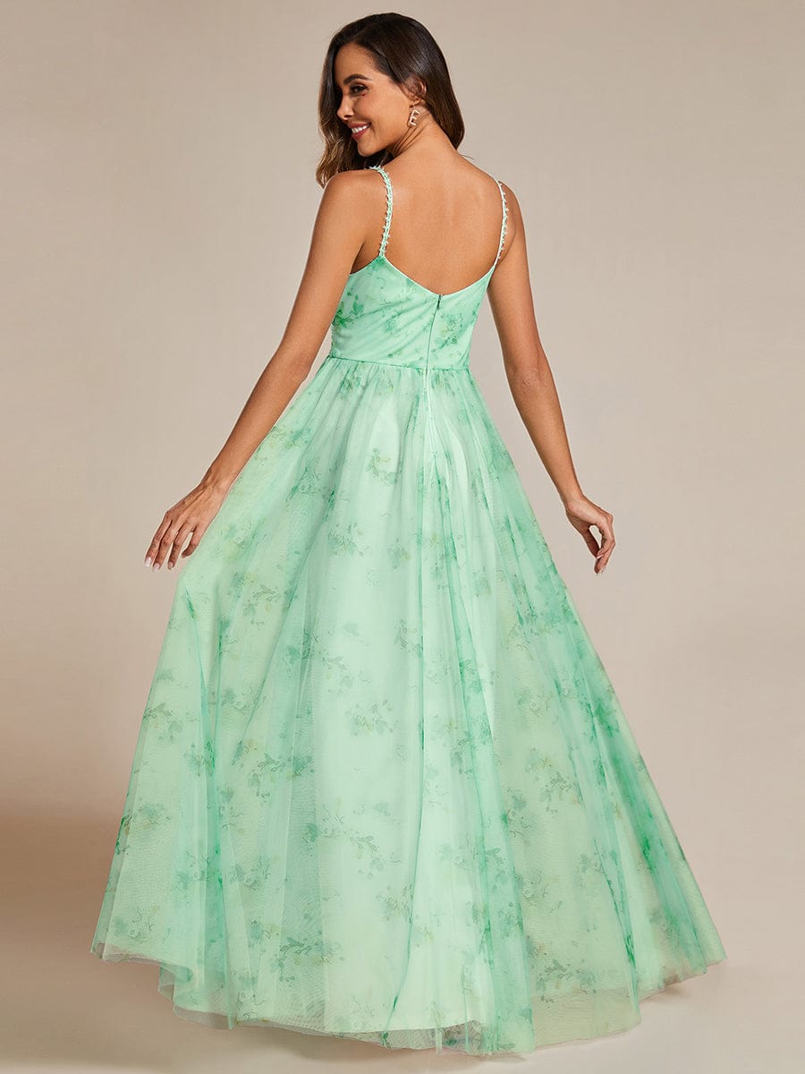 Floral Empire Waist Spaghetti Strap Evening Dress with V-Neck #color_Mint Green