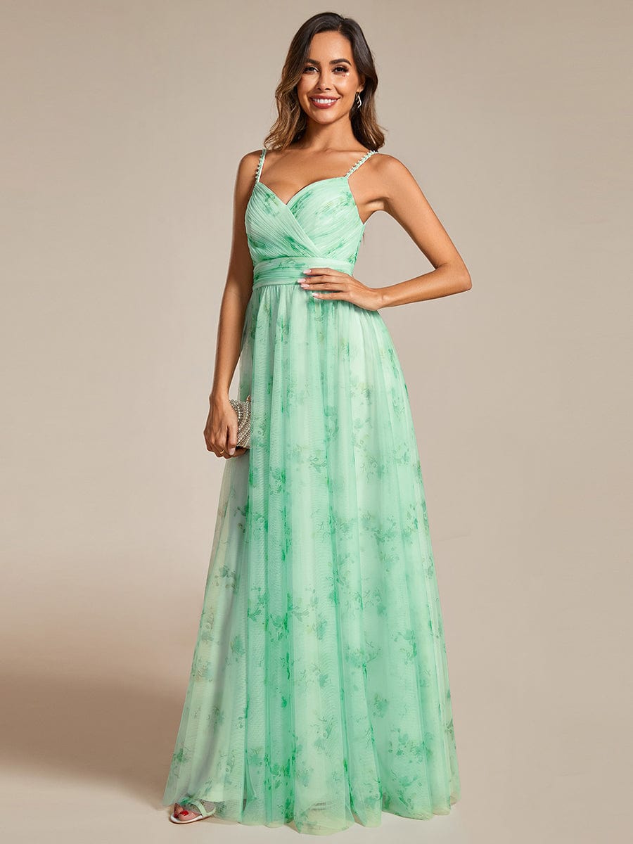 Floral Empire Waist Spaghetti Strap Evening Dress with V-Neck #color_Mint Green