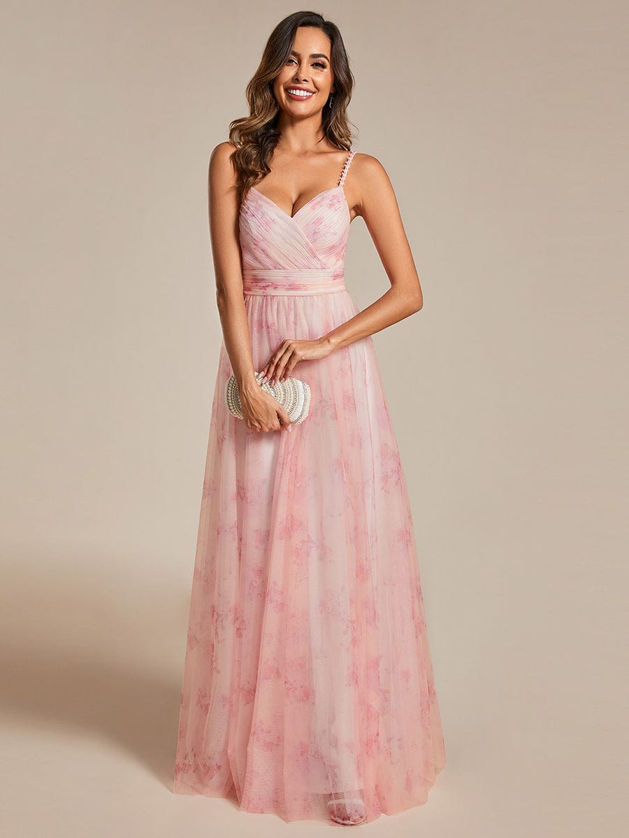 Floral Empire Waist Spaghetti Strap Evening Dress with V-Neck #color_Pink