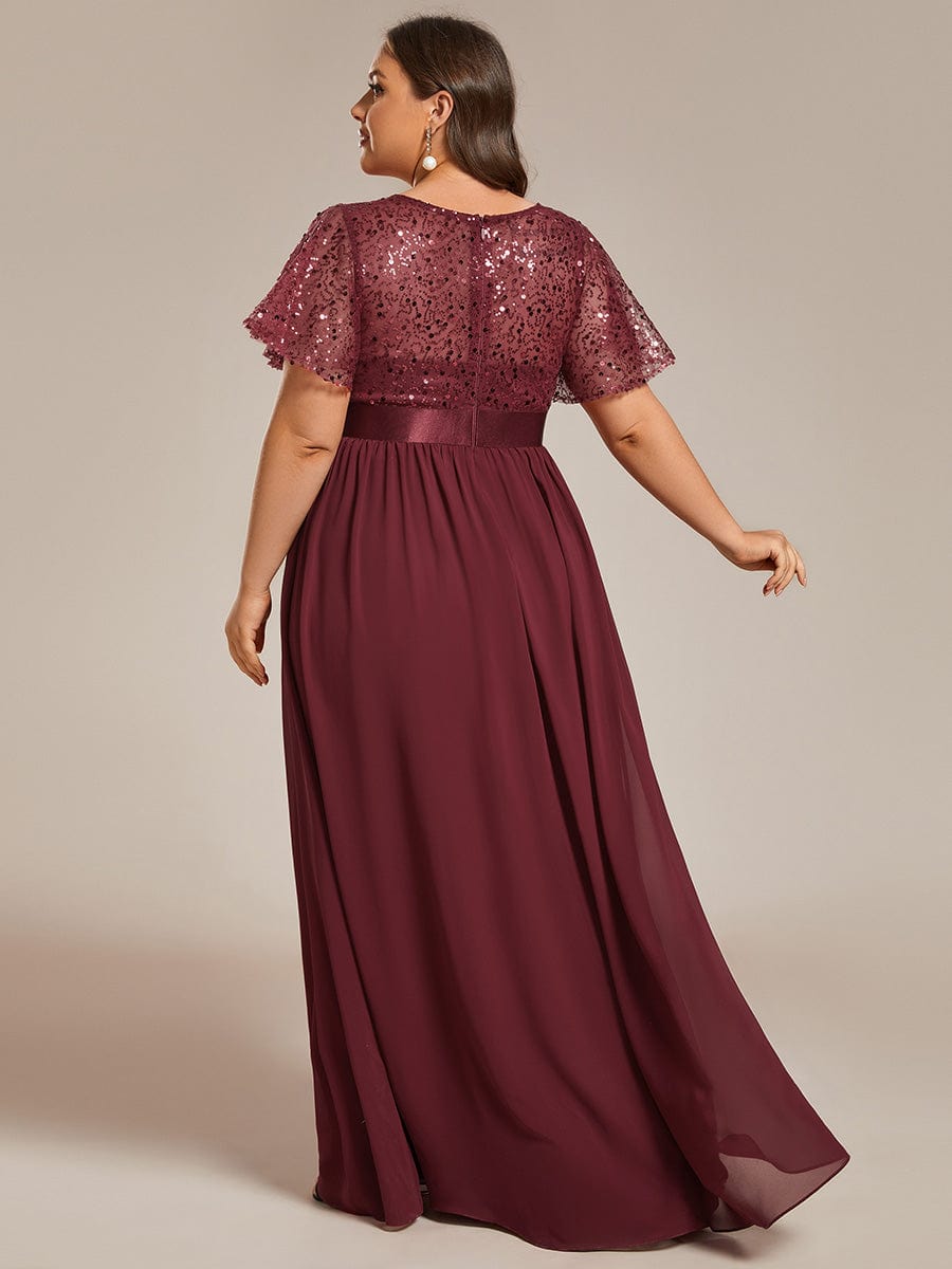 Plus Size High Waist Sequin Round-Neck Short-Sleeved Evening Dress #color_Burgundy