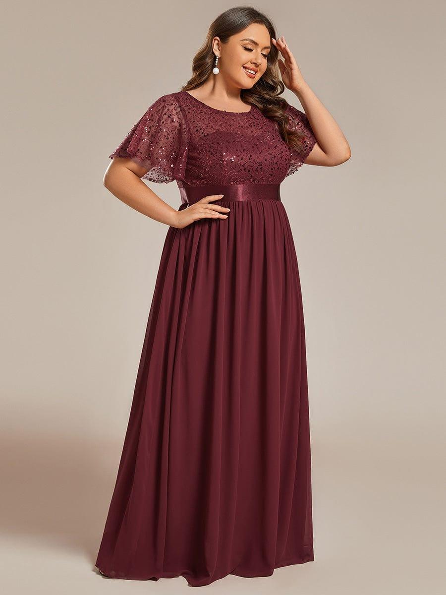Plus Size High Waist Sequin Round-Neck Short-Sleeved Evening Dress #color_Burgundy