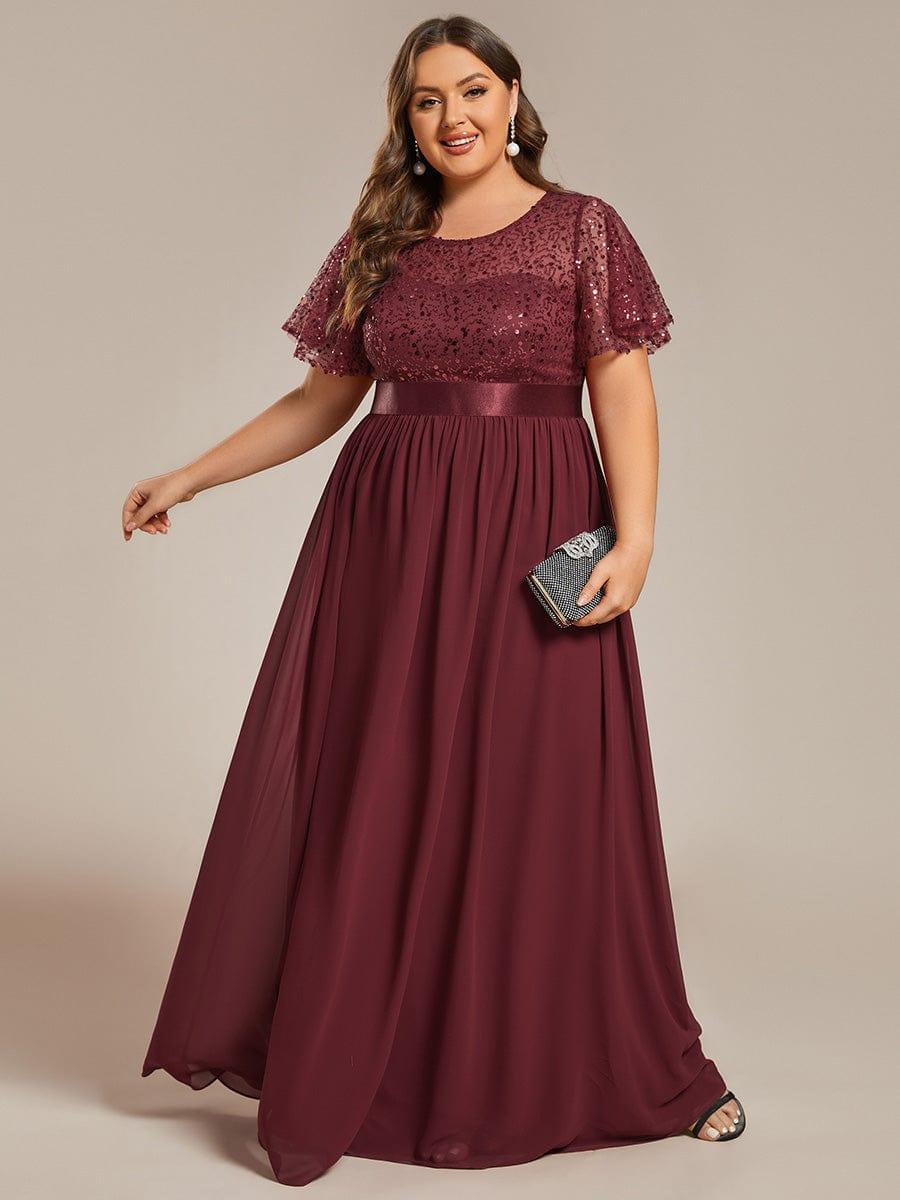 Plus Size High Waist Sequin Round-Neck Short-Sleeved Evening Dress #color_Burgundy