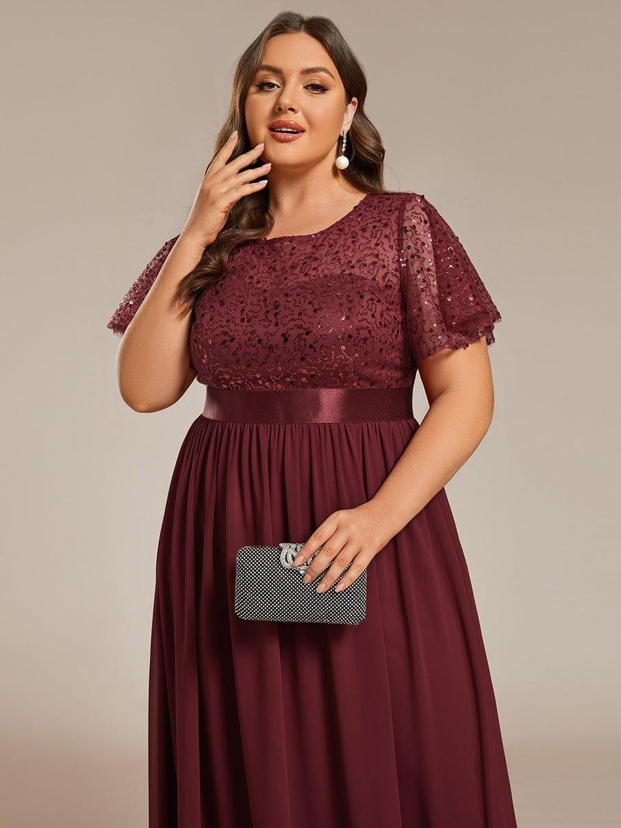 Plus Size High Waist Sequin Round-Neck Short-Sleeved Evening Dress #color_Burgundy