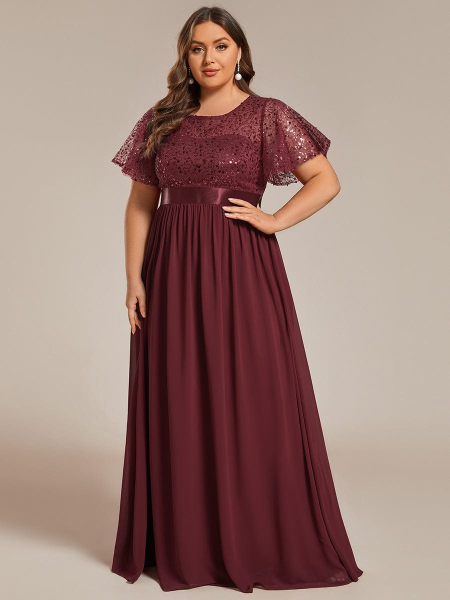 Plus Size High Waist Sequin Round-Neck Short-Sleeved Evening Dress #color_Burgundy