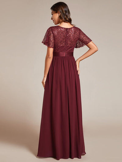 High Waist Sequin Round-Neck Short-Sleeved Evening Dress #color_Burgundy