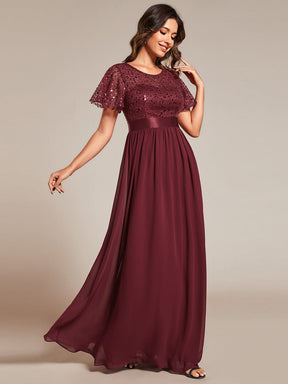 High Waist Sequin Round-Neck Short-Sleeved Evening Dress
