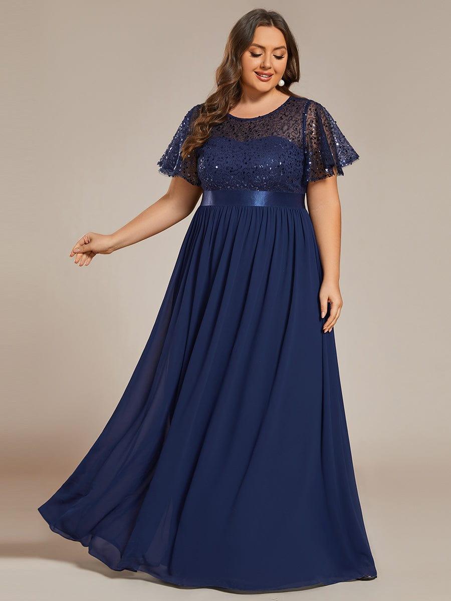 Plus Size High Waist Sequin Round-Neck Short-Sleeved Evening Dress #color_Navy Blue