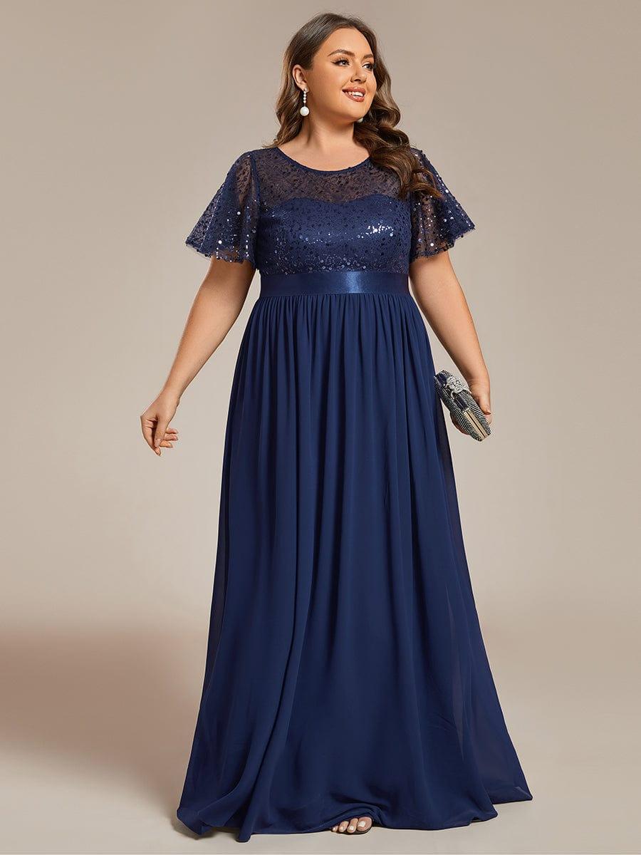 Plus Size High Waist Sequin Round-Neck Short-Sleeved Evening Dress #color_Navy Blue
