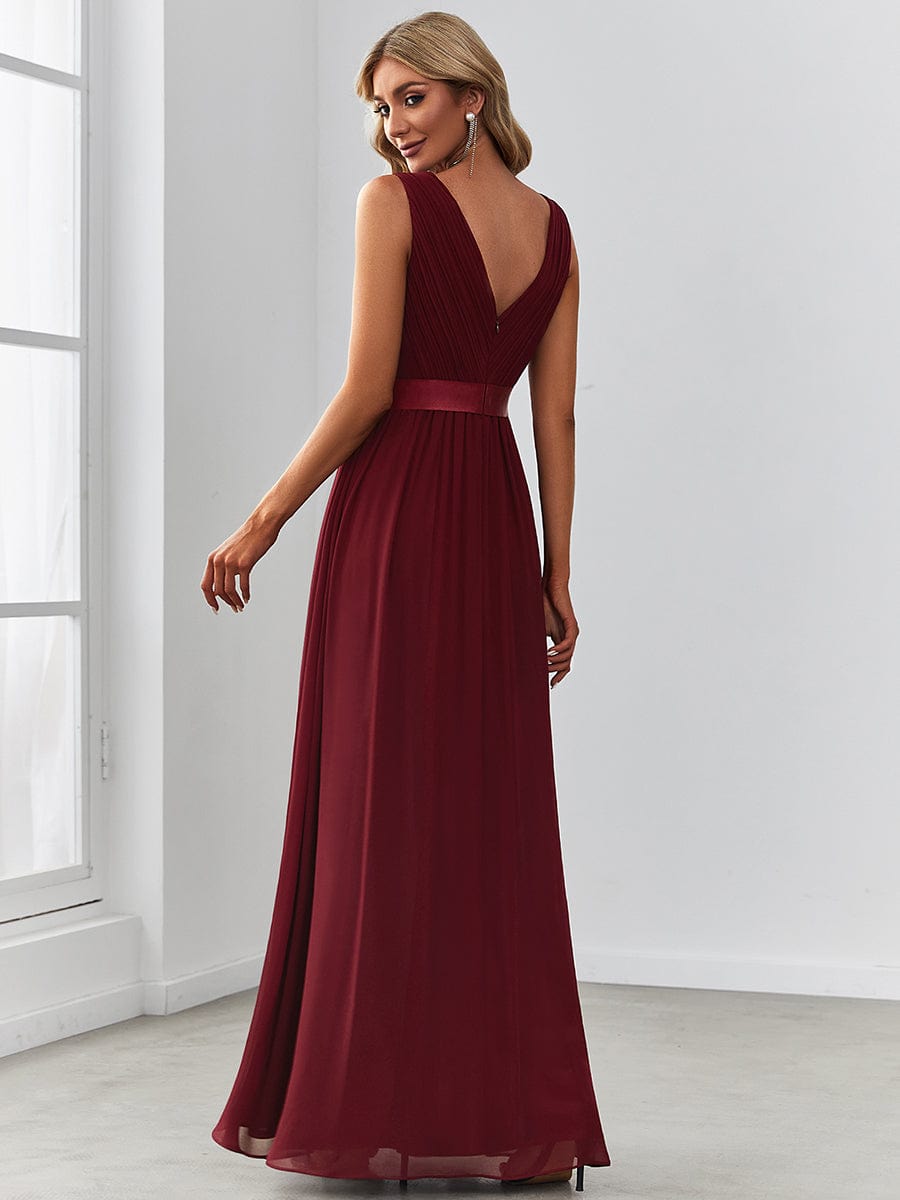Chiffon Pleated Sleeveless Sequin Belt Evening Dress #color_Burgundy