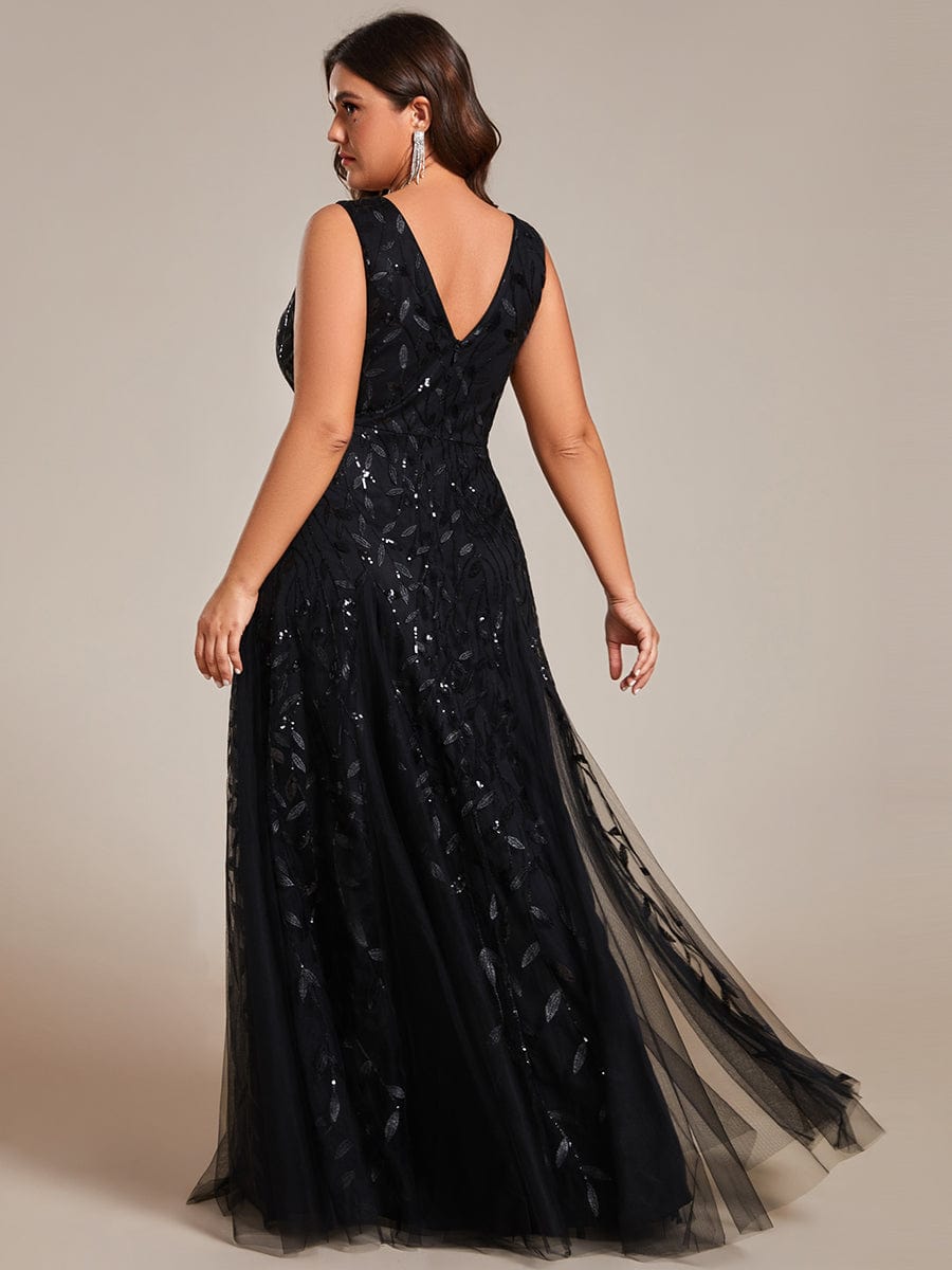 Plus Size Sleeveless V-Neck Sequined A-Line Evening Dresses #color_Black