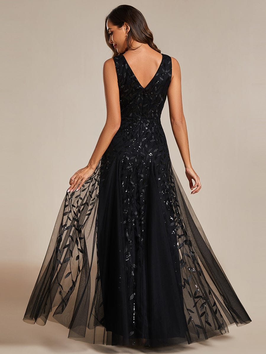 Sleeveless V-Neck Sequined A-Line Evening Dresses #color_Black