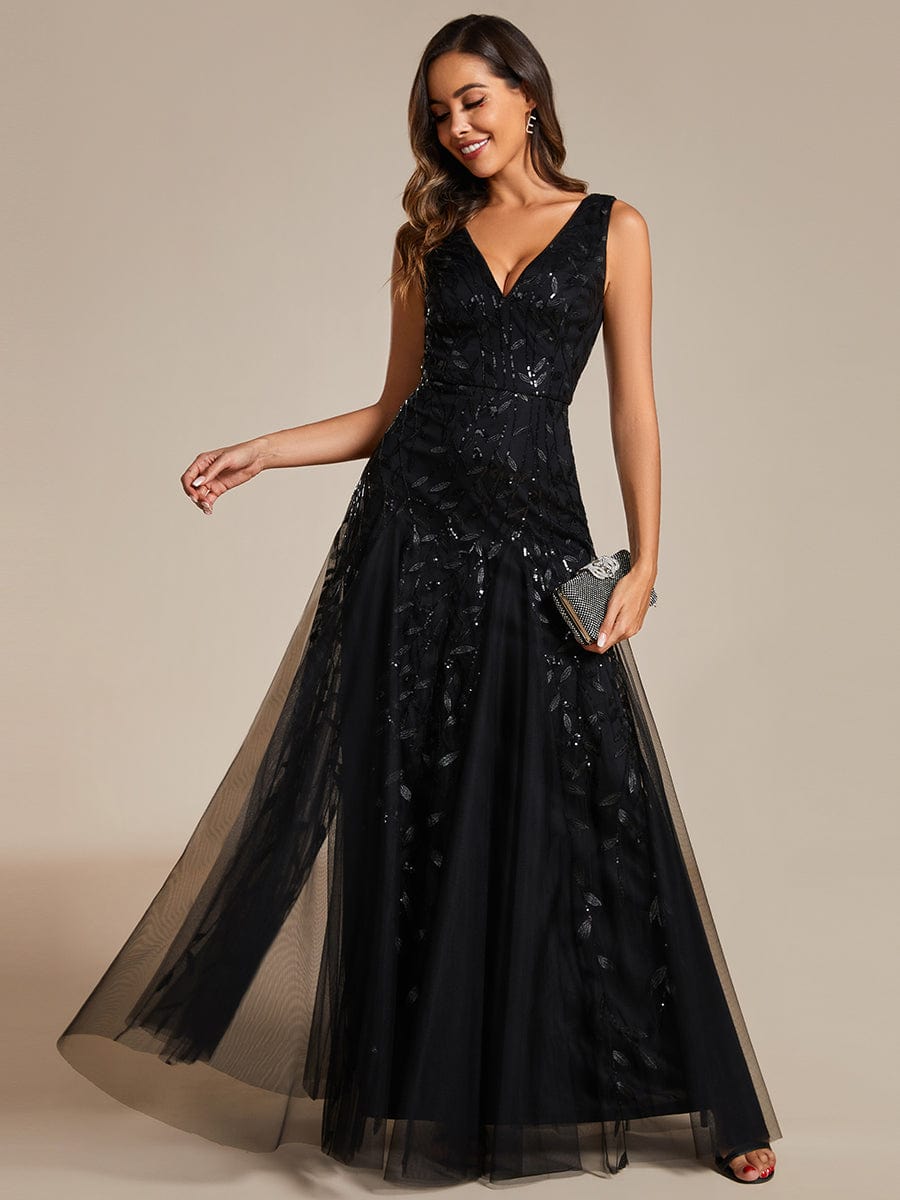 Sleeveless V-Neck Sequined A-Line Evening Dresses #color_Black