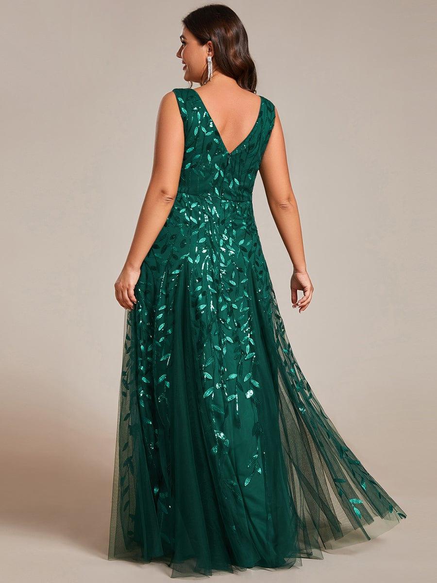 Plus Size Sleeveless V-Neck Sequined A-Line Evening Dresses #color_Dark Green