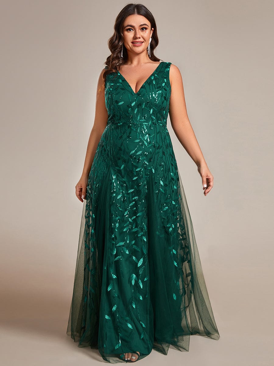 Plus Size Sleeveless V-Neck Sequined A-Line Evening Dresses #color_Dark Green