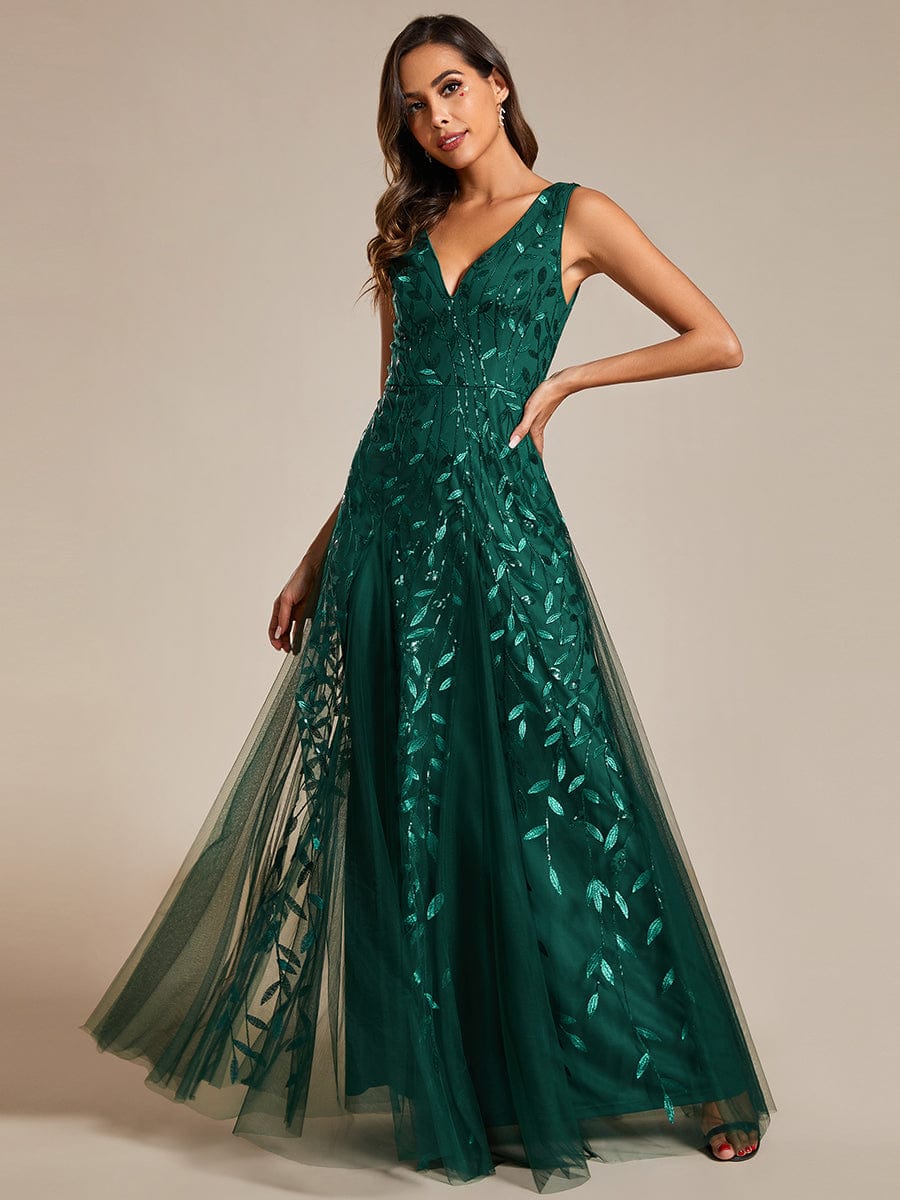 Sleeveless V-Neck Sequined A-Line Evening Dresses #color_Dark Green