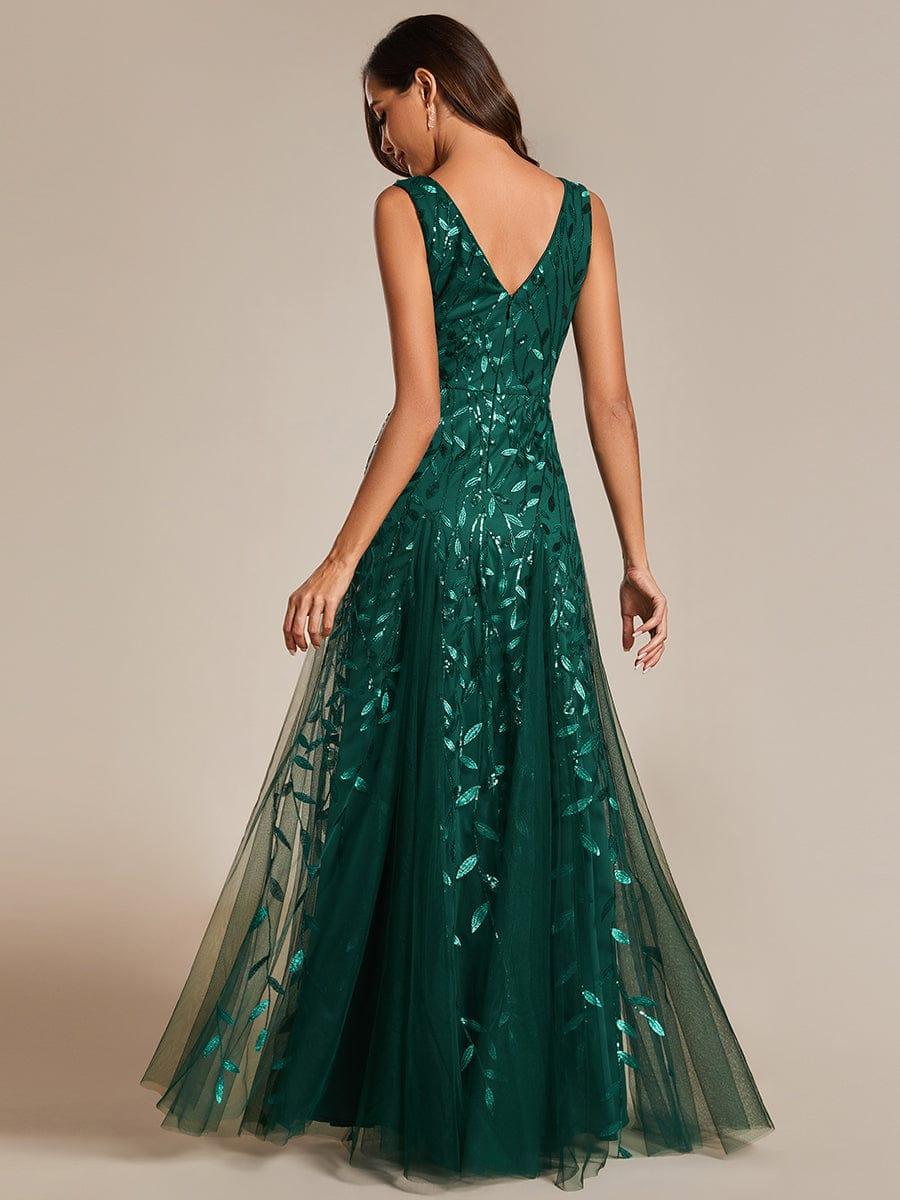 Sleeveless V-Neck Sequined A-Line Evening Dresses #color_Dark Green