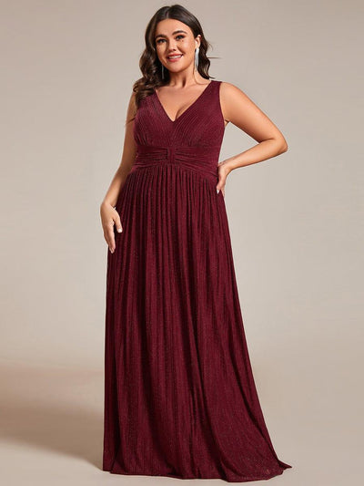 Plus Size V-Neck Sleeveless A-Line Evening Dress with Subtle Glitter #color_Burgundy