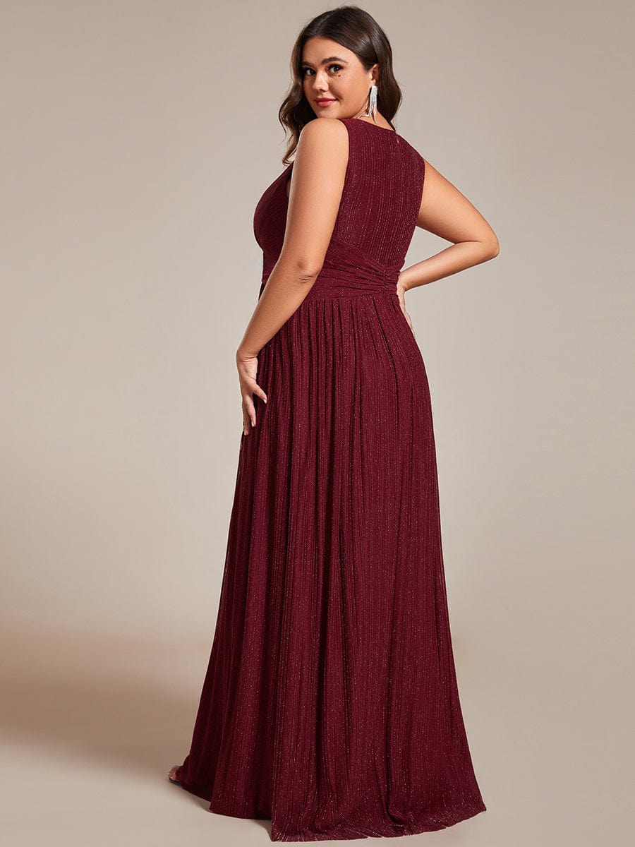 Plus Size V-Neck Sleeveless A-Line Evening Dress with Subtle Glitter #color_Burgundy