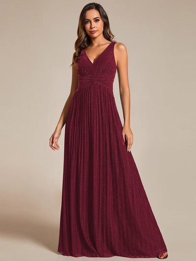 V-Neck Sleeveless A-Line Evening Dress with Subtle Glitter #color_Burgundy