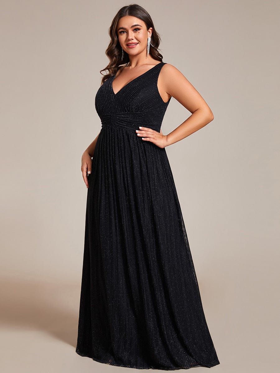 Plus Size V-Neck Sleeveless A-Line Evening Dress with Subtle Glitter #color_Black
