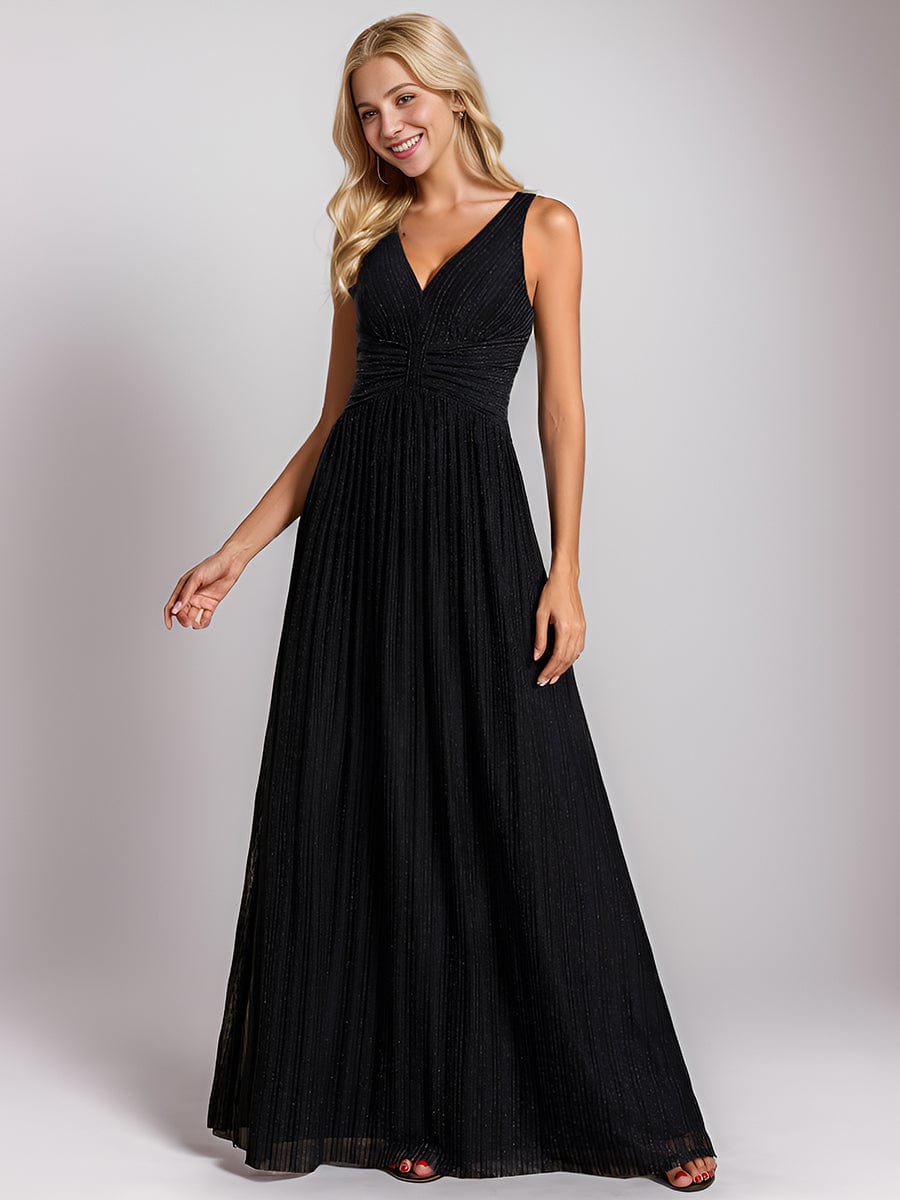 V-Neck Sleeveless A-Line Evening Dress with Subtle Glitter #color_Black