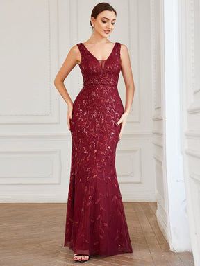 Sleeveless V-Neck Sequin Illusion Panel Fishtail Evening Dress