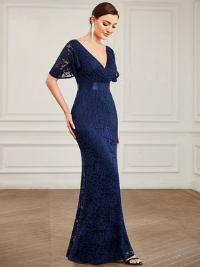 All-Over Lace V-Neck Ribbon Waist Bodycon Fishtail Evening Dress