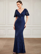All-Over Lace V-Neck Ribbon Waist Bodycon Fishtail Evening Dress #color_Navy Blue