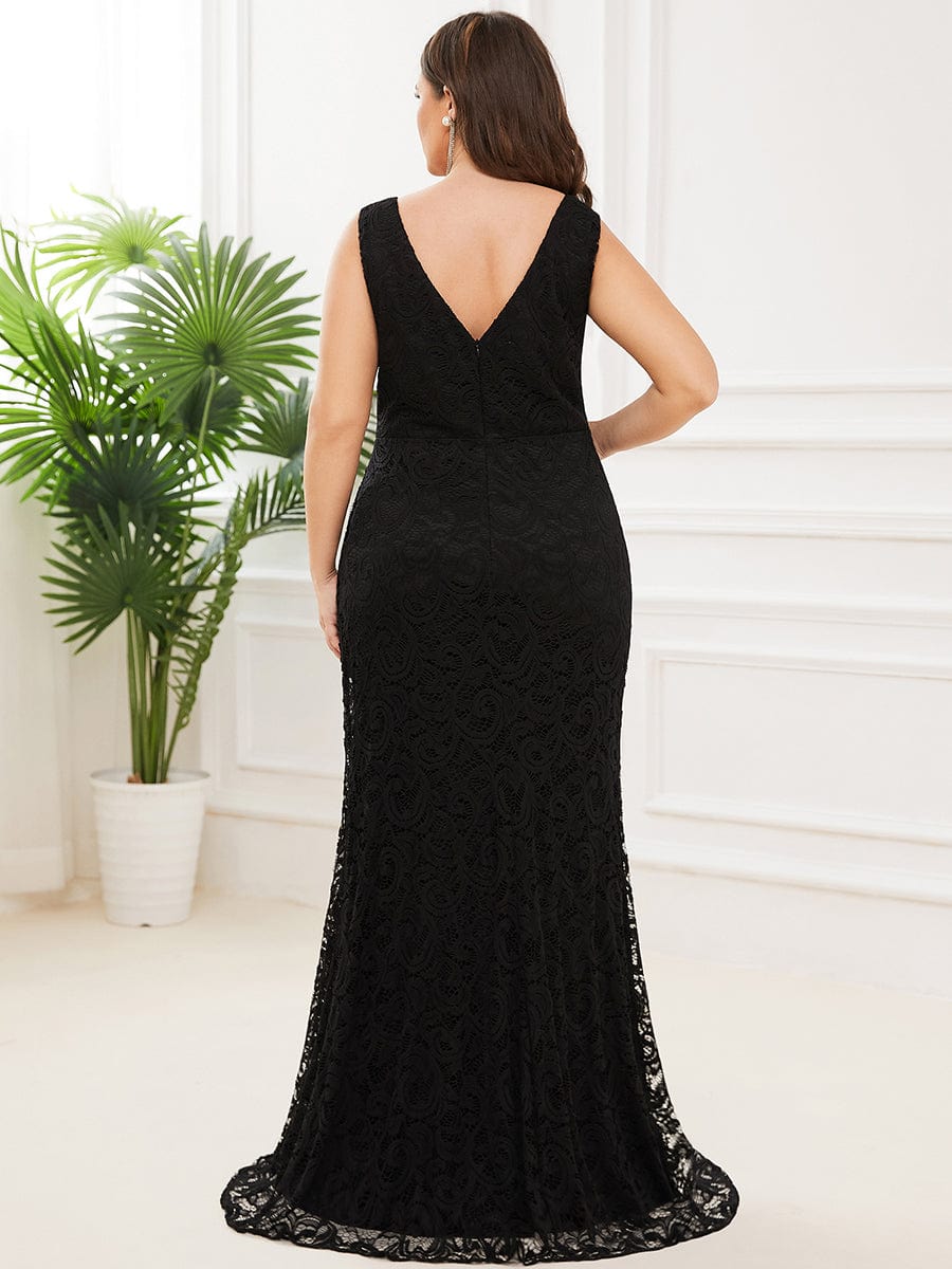 Plus Size Pleated Lace Bodycon Sleeveless Floor-Length Evening Dress #color_Black