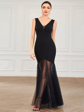 Pleated V-Neck Contrast Tulle Fishtail Evening Dress #color_Black