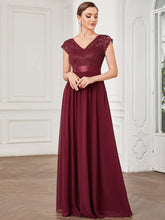 Lace V-Neck & Plunging Back Empire Waist Chiffon Evening Dress #Color_Burgundy