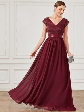 Lace V-Neck & Plunging Back Empire Waist Chiffon Evening Dress